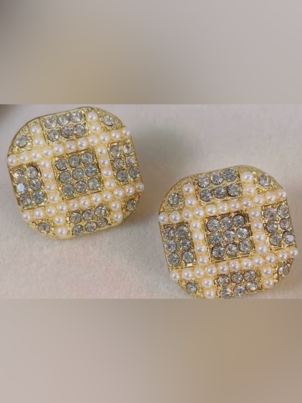 Gold Crystal & Pearl Square Stud Earrings - Elegant Women Jewelry